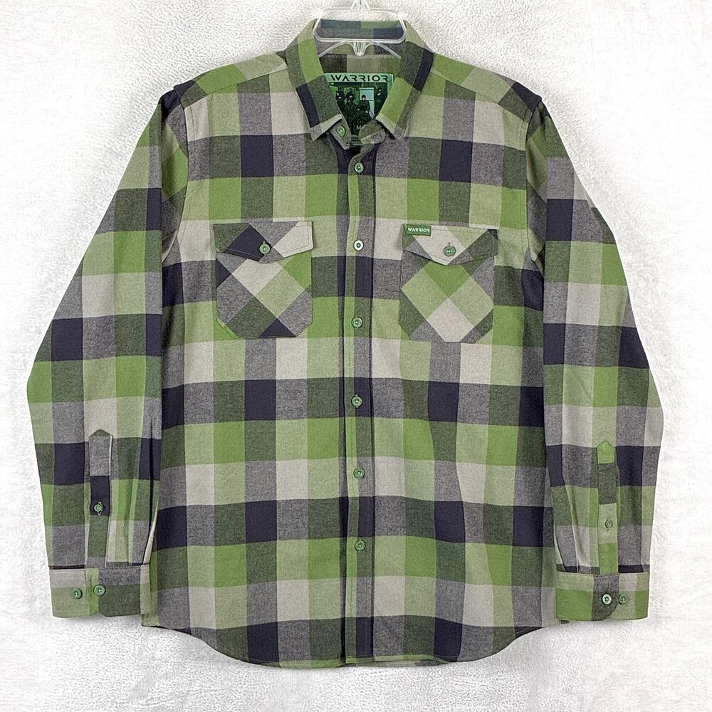 Warrior Flannel Shirt Mens M Green Black Plaid Performance Grunge Military Indie